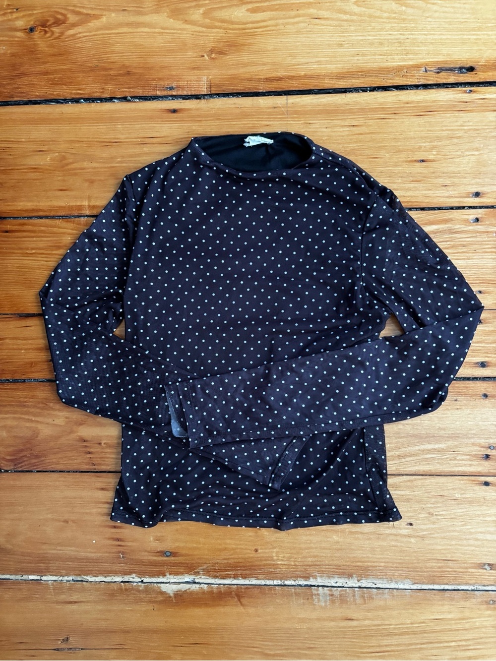 Black Polka Dot Long Sleeve Top Mesh Overlay